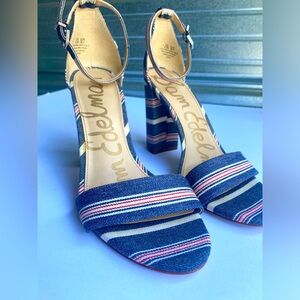 Sam Edelman “Yaro” denim blue, red and white striped fabric‎ cover heels